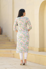 Green Floral Printed Cotton Kurta With Thread Work & Buttons