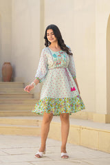 Mint Green Ethnic Motif Printed Short Dress With Dori