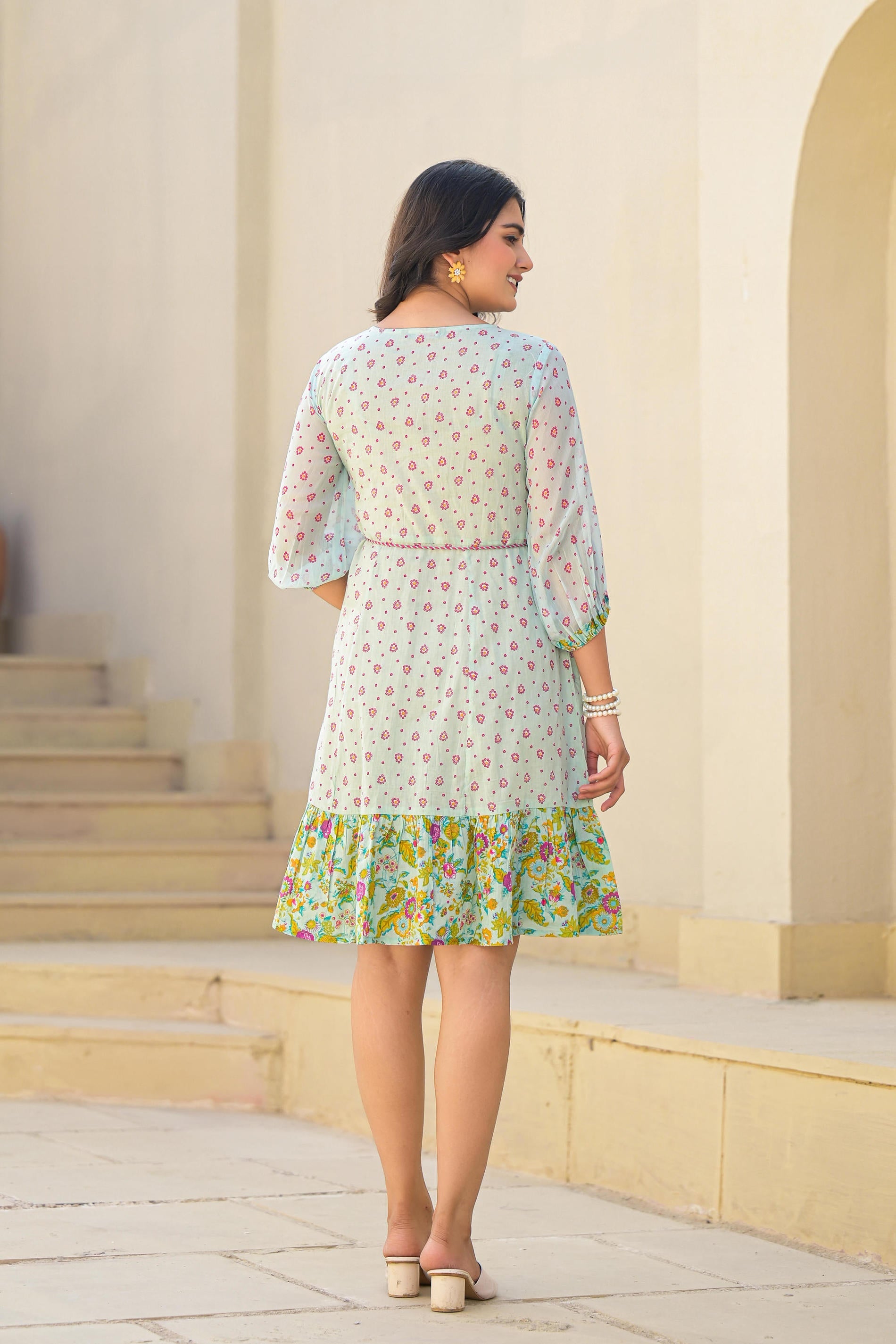 Mint Green Ethnic Motif Printed Short Dress With Dori