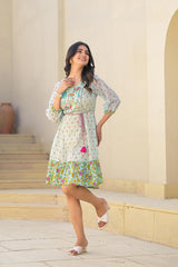 Mint Green Ethnic Motif Printed Short Dress With Dori