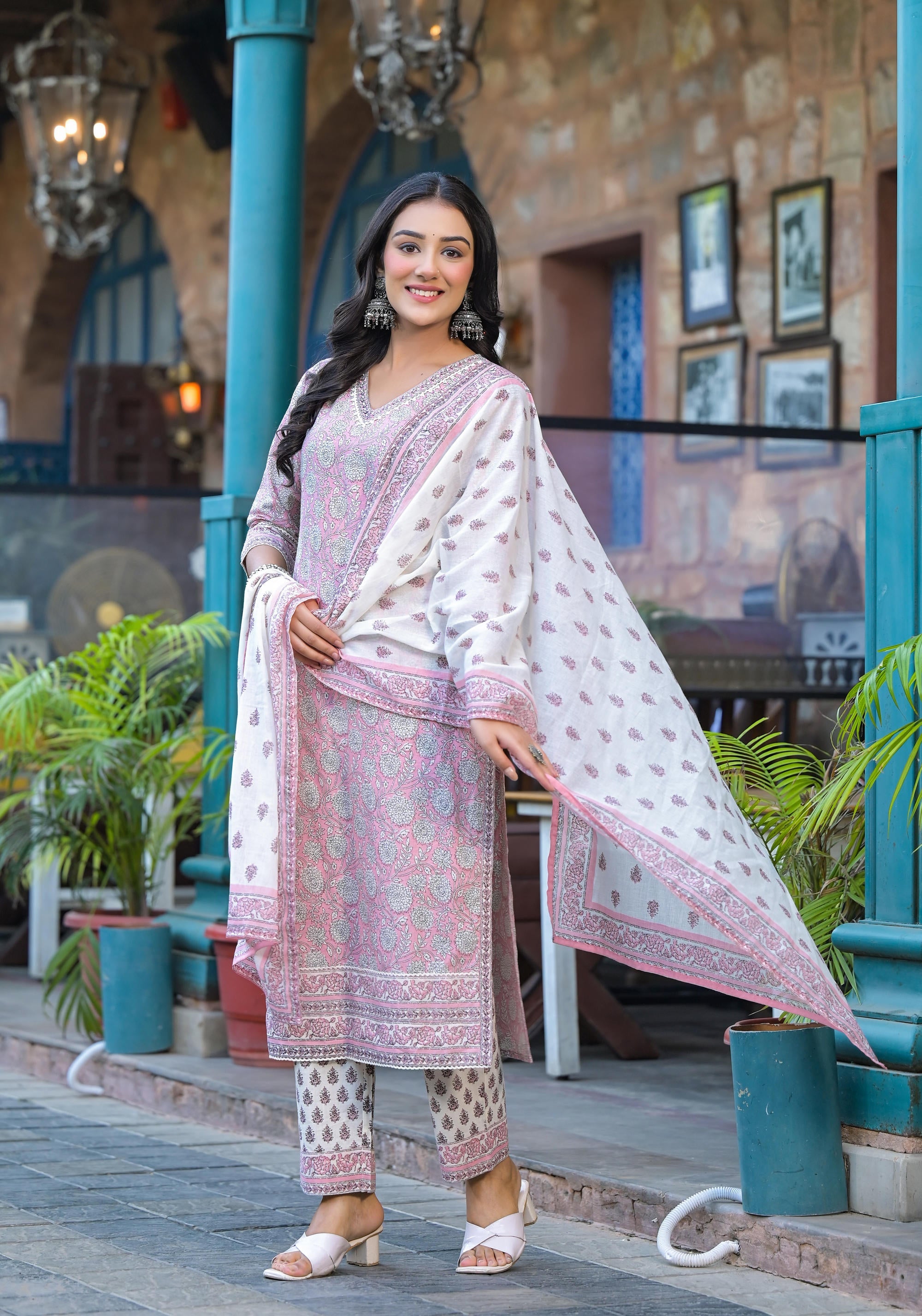 Pink Floral Printed Cotton Kurta Pant And Dupatta Set With Lace