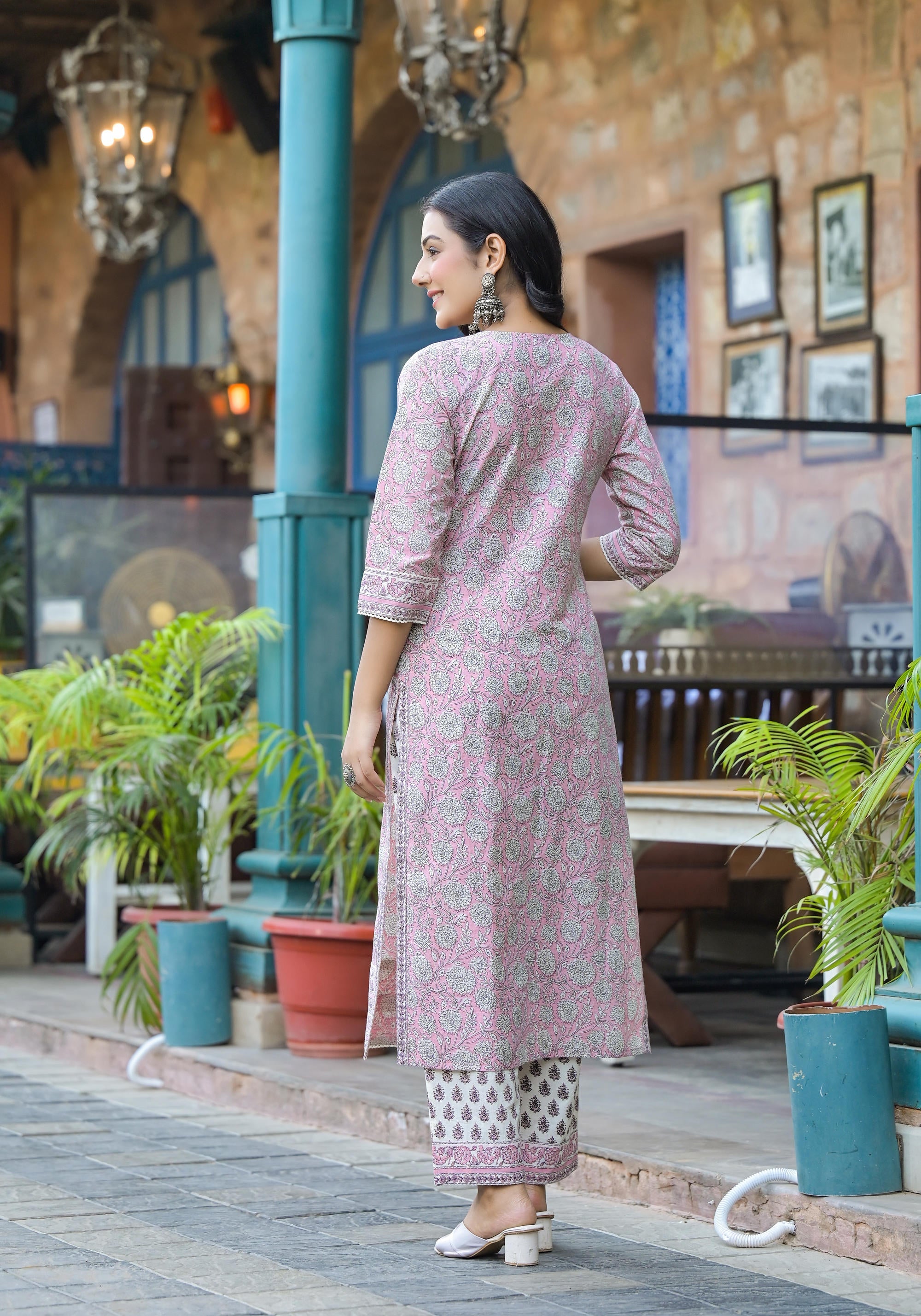 Pink Floral Printed Cotton Kurta Pant And Dupatta Set With Lace