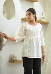 White Solid Cotton Tunic With Buttons & Lace