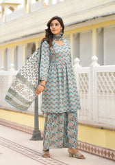 Grey Floral Printed Cotton Kurta Sharara And Dupatta Set With Sequins
