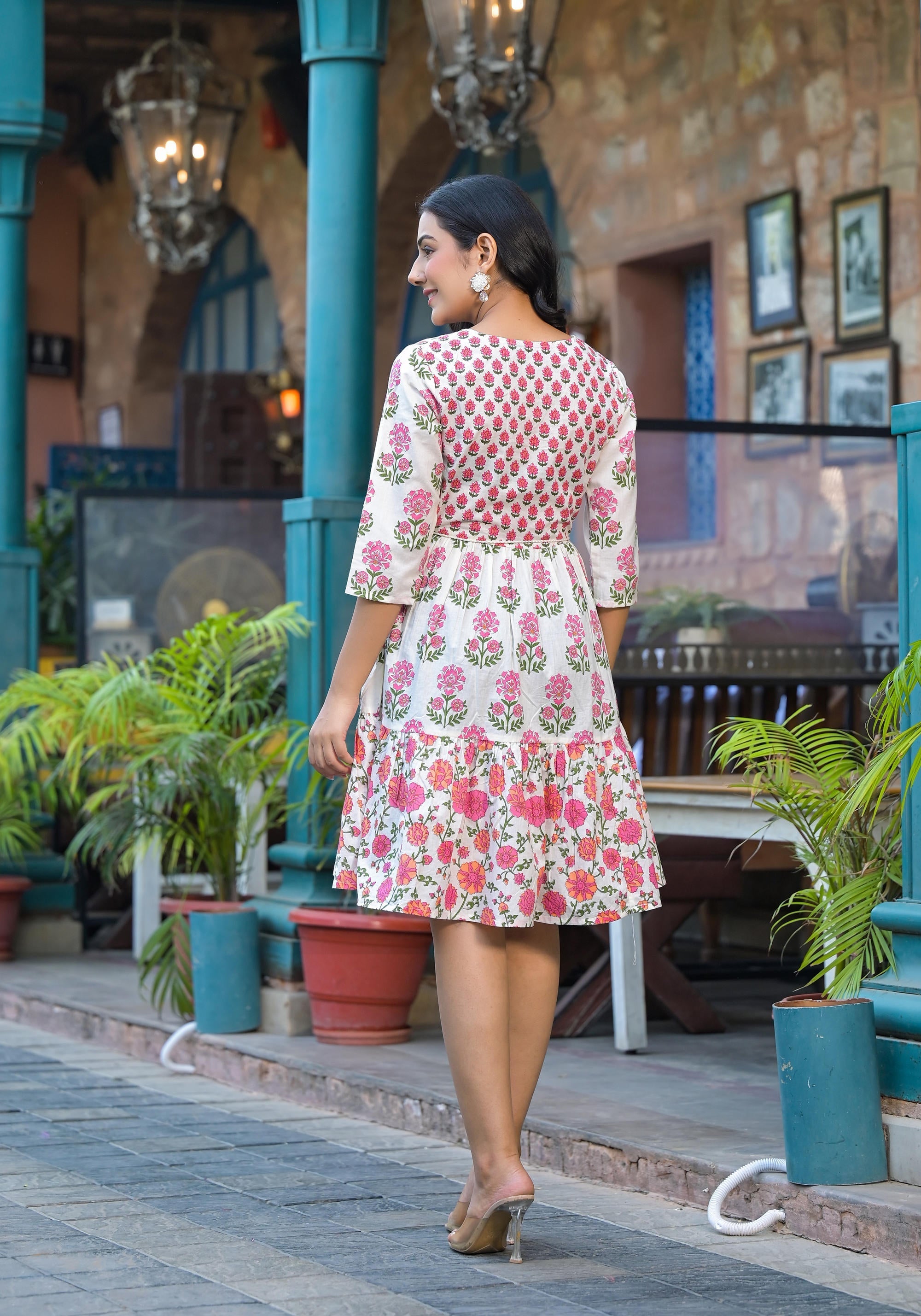 Off Lime Floral Printed Cotton Short Dress With Doris