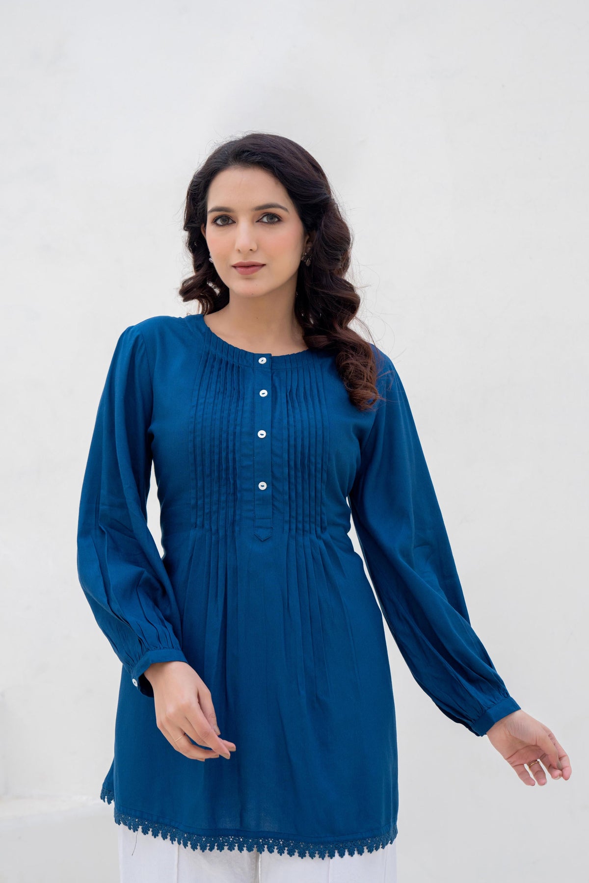 Navy Solid Viscose Tunic With Buttons & Lace