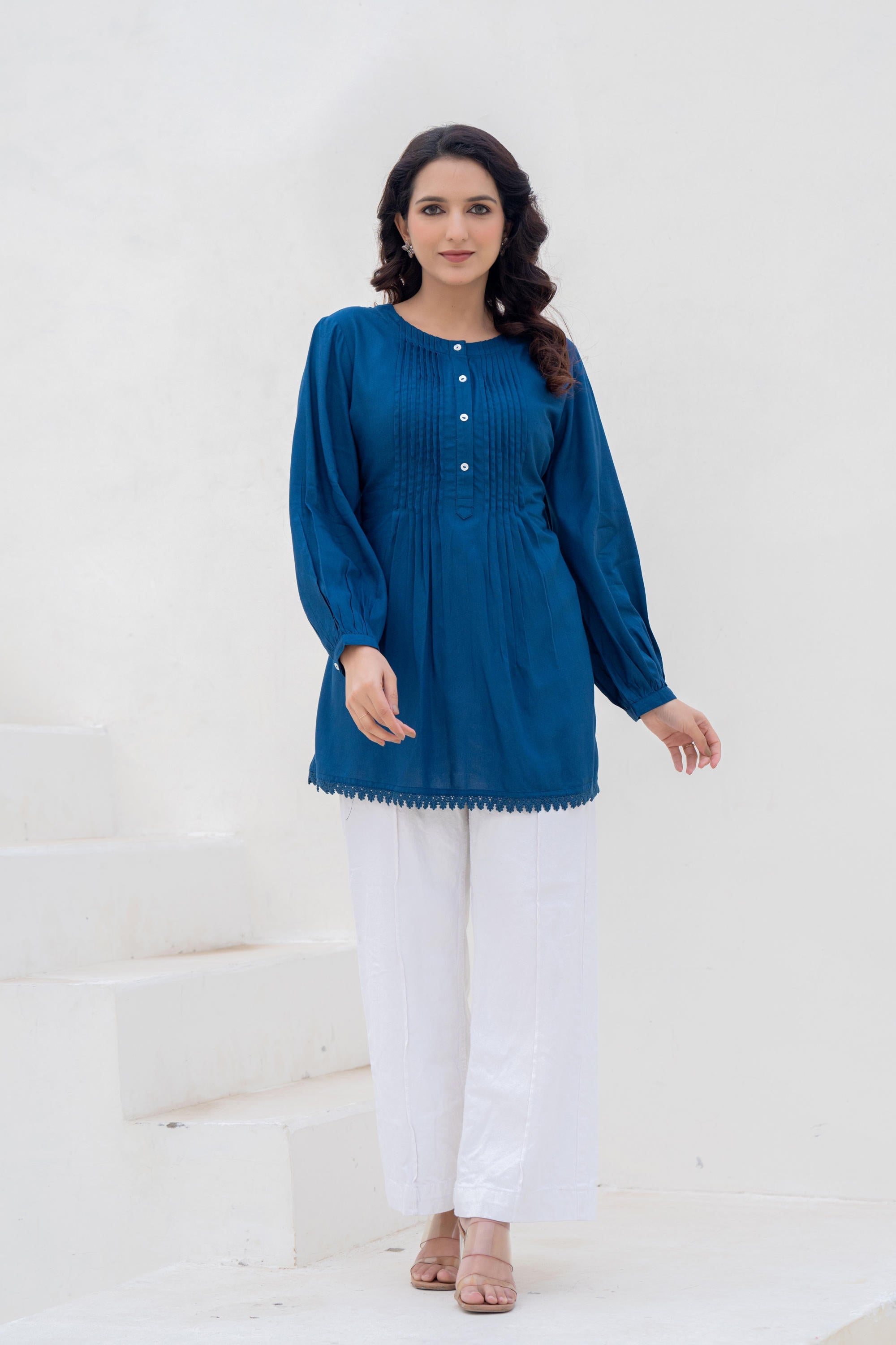 Navy Solid Viscose Tunic With Buttons & Lace