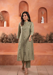 Olive Embroiderd Kurta And  Solid Bottom With Cotton Lace And Buttons
