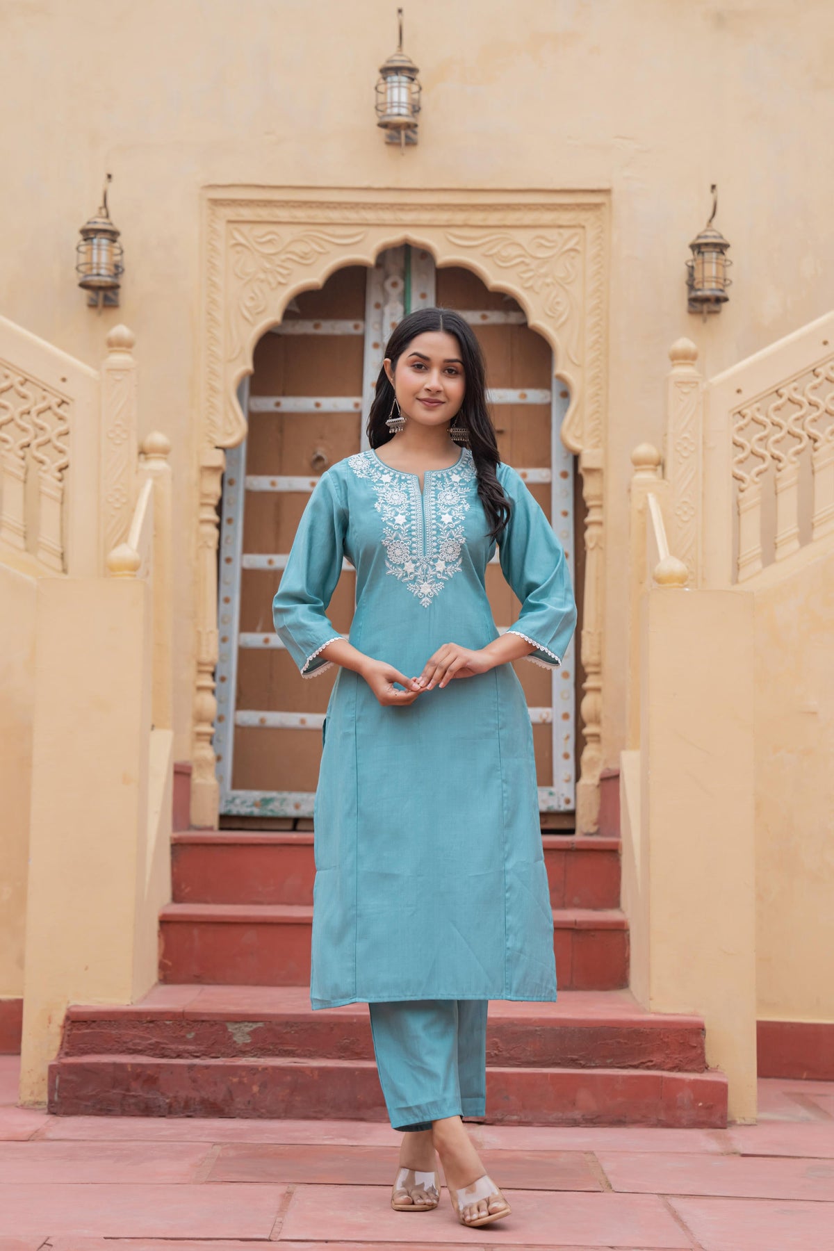 Turquoise Solid Viscose Kurta & Pant Set With Thread Work & Lace