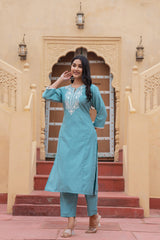 Turquoise Solid Viscose Kurta & Pant Set With Thread Work & Lace