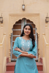 Turquoise Solid Viscose Kurta & Pant Set With Thread Work & Lace