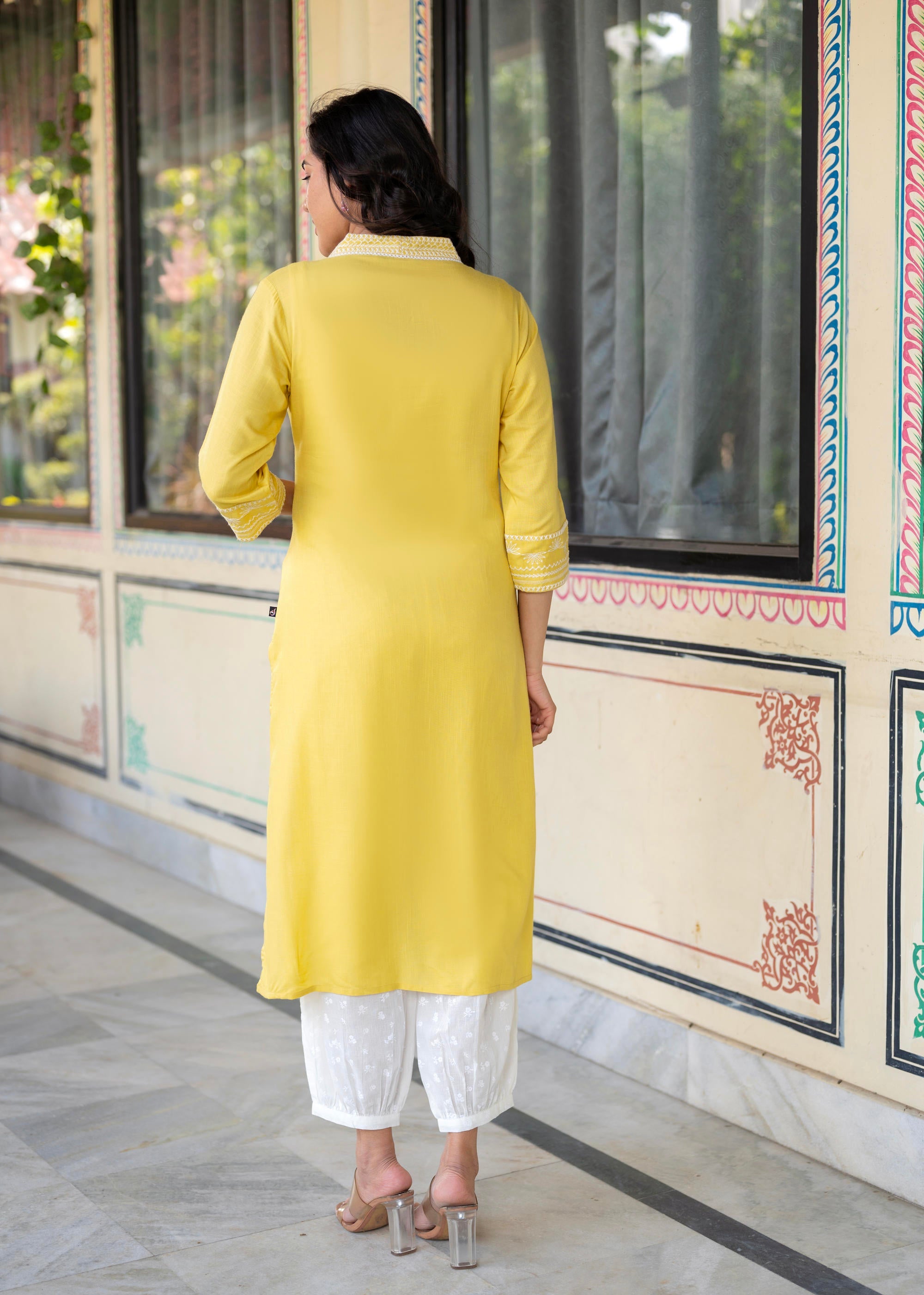 Yellow Embroidered Viscose Kurta With Printed Cotton Pant