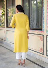 Yellow Embroidered Viscose Kurta With Printed Cotton Pant