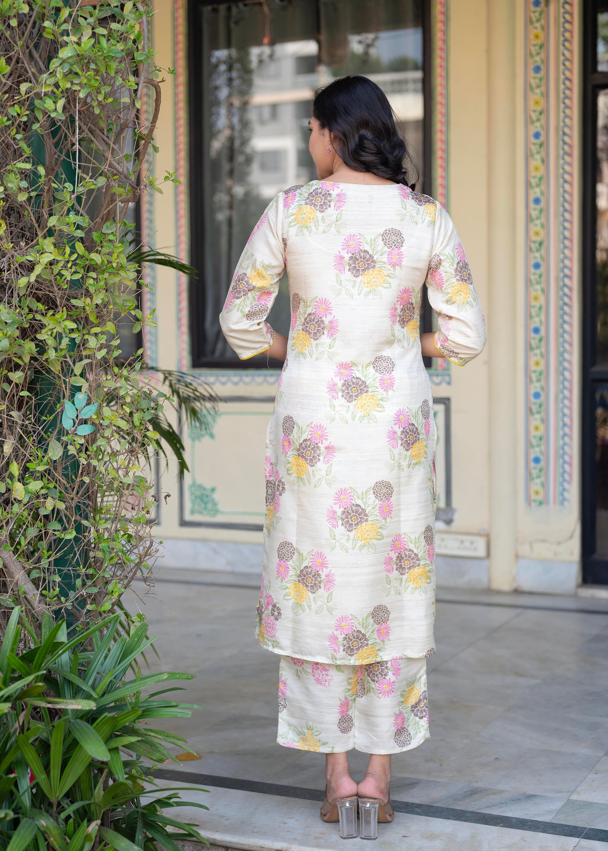 Ivory Floral Viscose Kurta With Printed Cotton Pant & Button Details