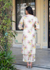 Ivory Floral Viscose Kurta With Printed Cotton Pant & Button Details