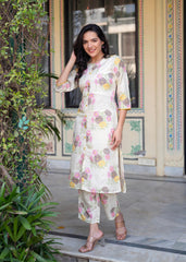 Ivory Floral Viscose Kurta With Printed Cotton Pant & Button Details