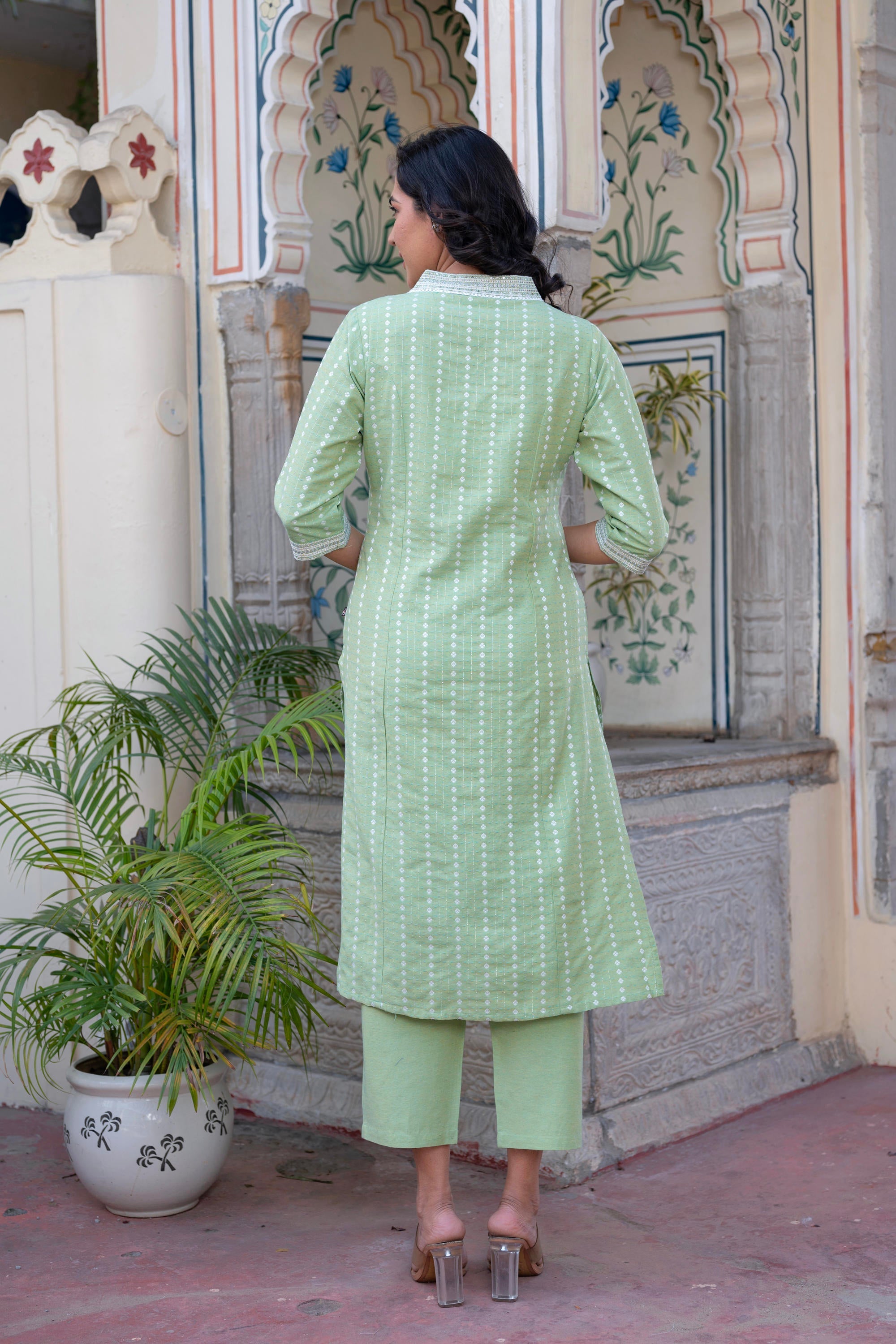 Sage Green Brocade Kurta-Pant & Dupatta Set With Sequins
