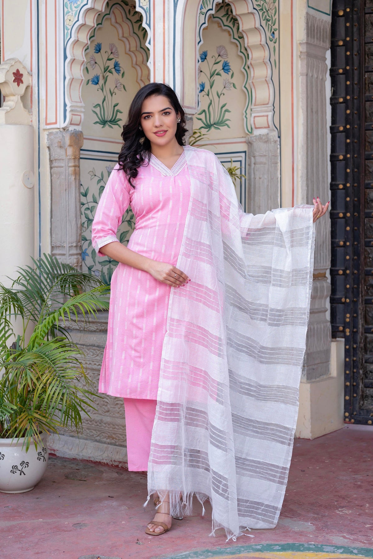 Pink Brocade Kurta-Pant & Dupatta Set With Sequins & Tassels