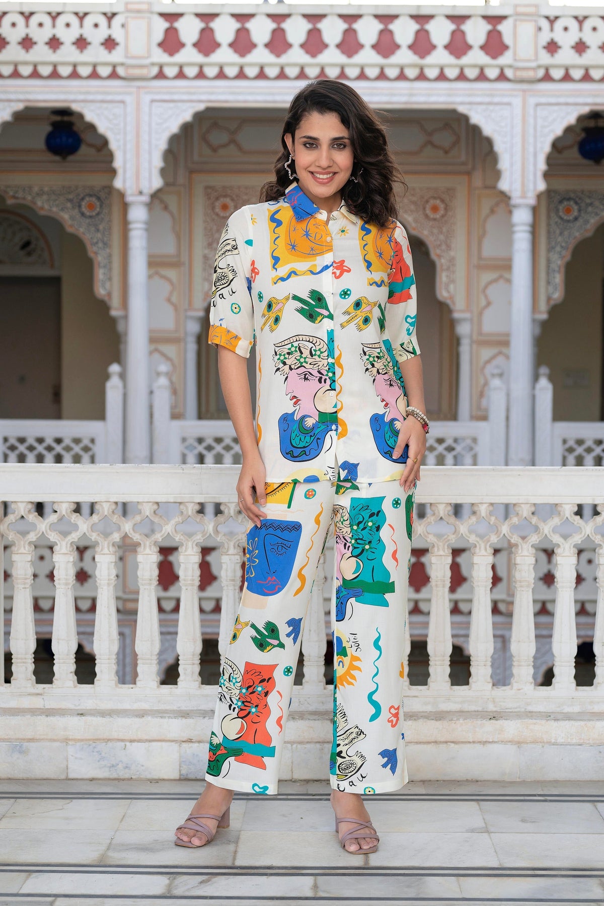 Multicolor Abstract Printed Co-Ord Set In White Base