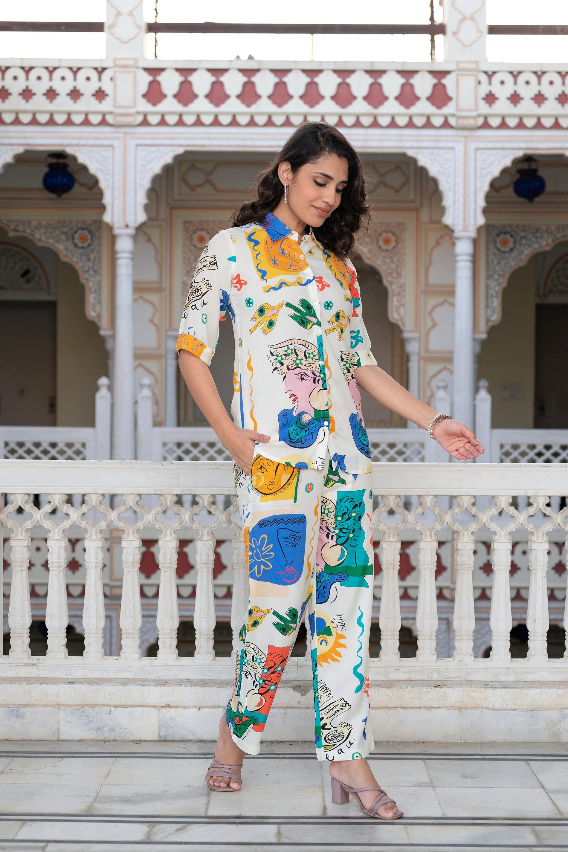 Multicolor Abstract Printed Co-Ord Set In White Base