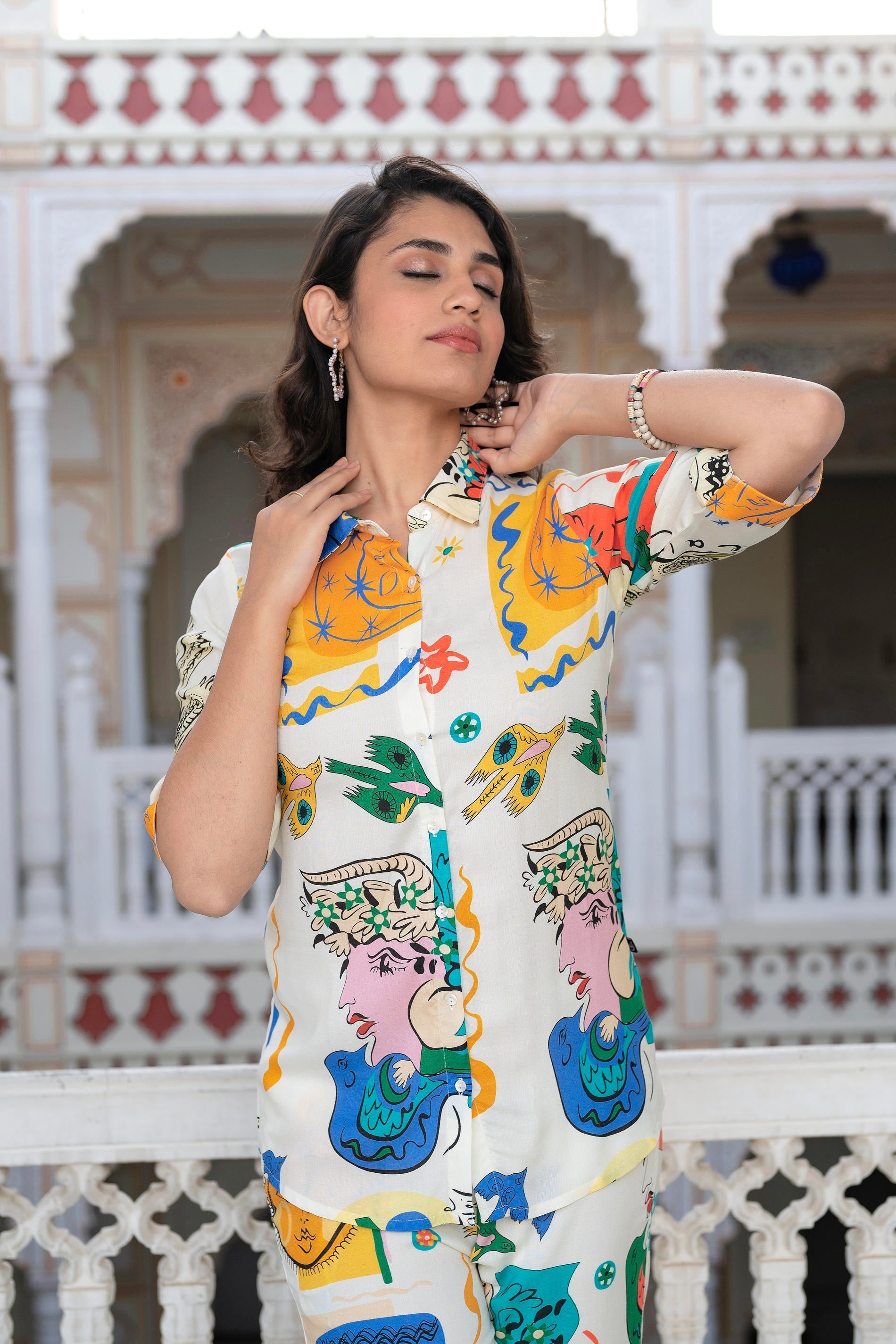 Multicolor Abstract Printed Co-Ord Set In White Base