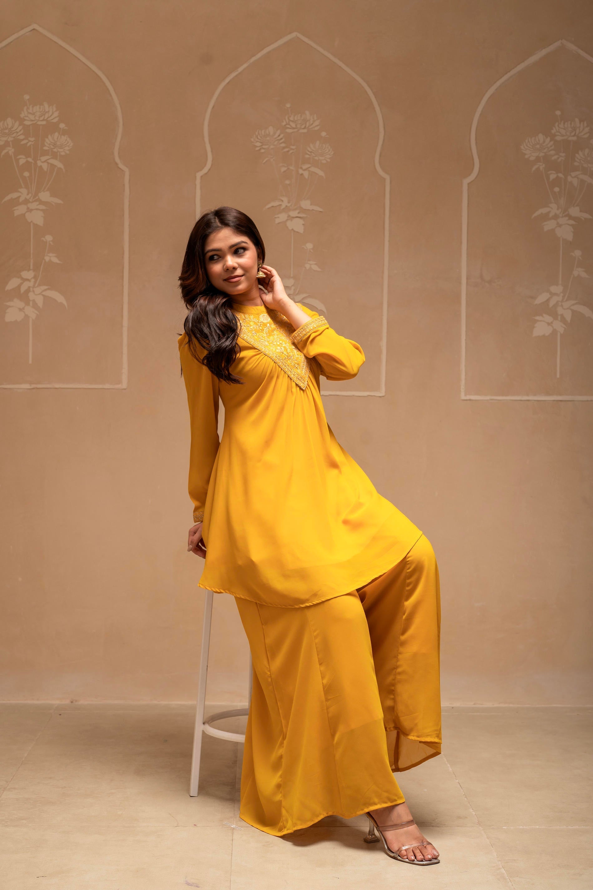Mustard Solid Poly Georgette Tunic And Sharara Co-Ord Set With Sequence And Zari Work