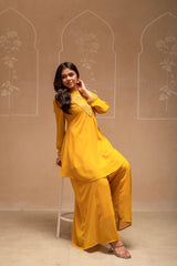 Mustard Solid Poly Georgette Tunic And Sharara Co-Ord Set With Sequence And Zari Work