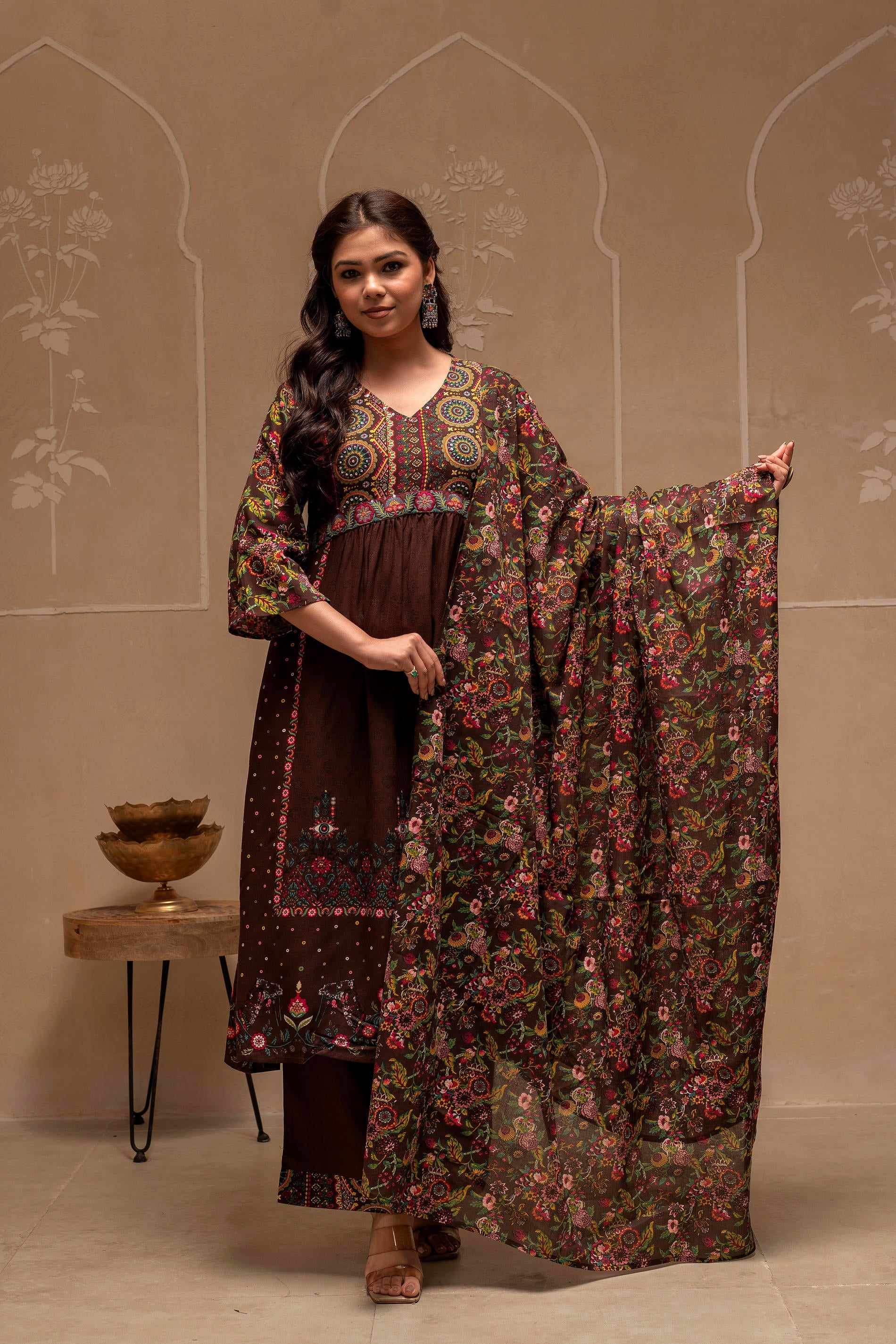 Juniper Ladies Western Kurti 3Pcs Set P1538 Brown