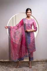 Lavender Floral Printed Kurta With Pant And Dupatta, Sequence & Beads Work