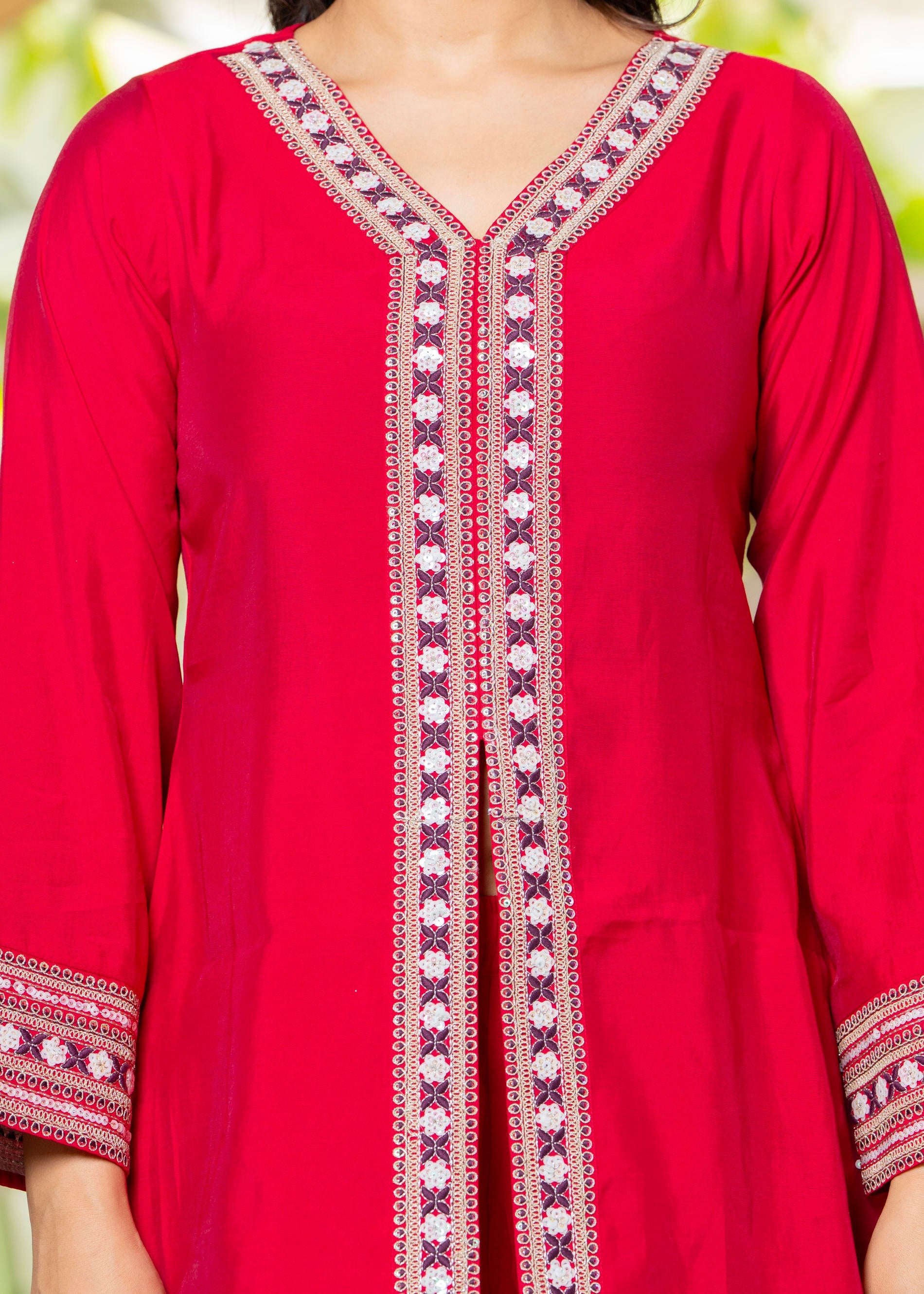Red Embroidered V-Neck Co-Ord Set With Straight Pants
