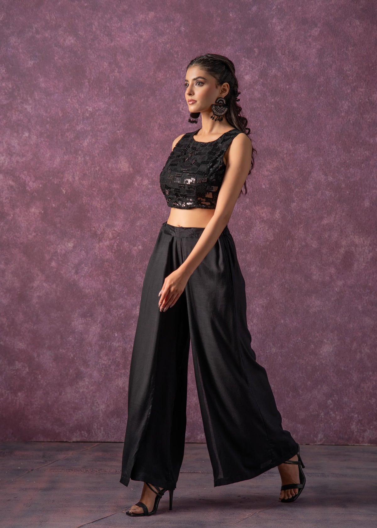 Solid Black Flared Palazzo Pants