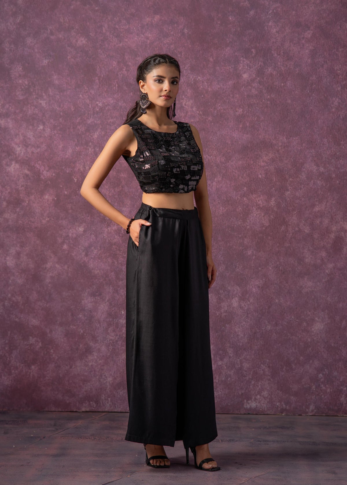 Solid Black Flared Palazzo Pants