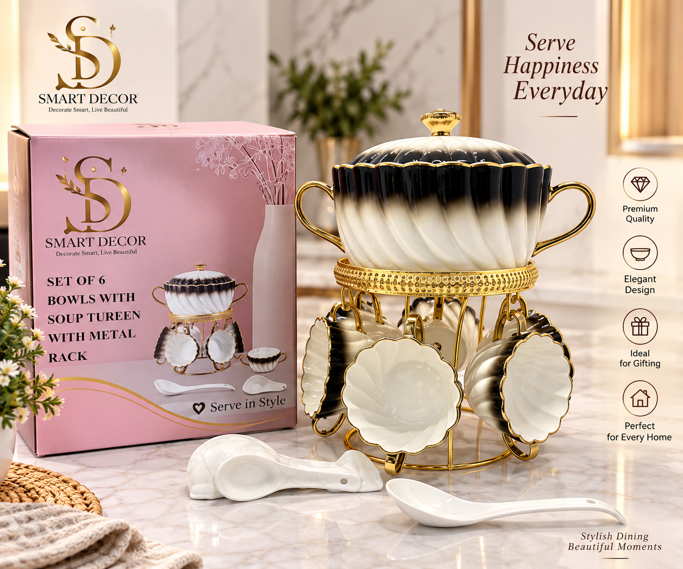 Lyte Club Premium Ceramic Serving Bowl Set with Gold Stand