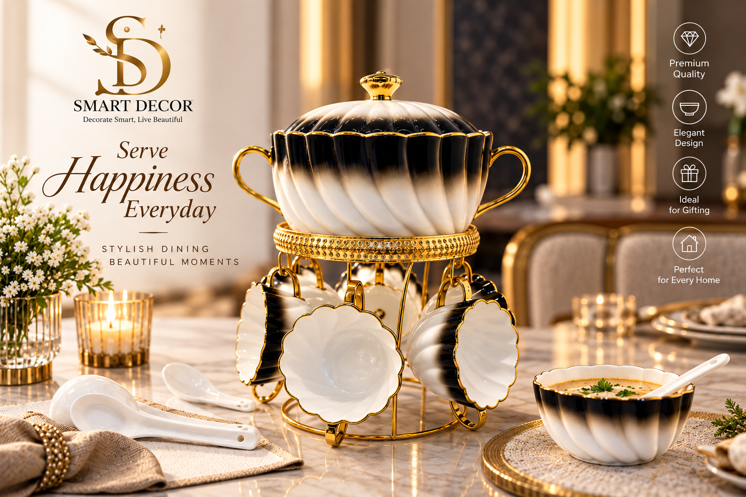 Lyte Club Premium Ceramic Serving Bowl Set with Gold Stand