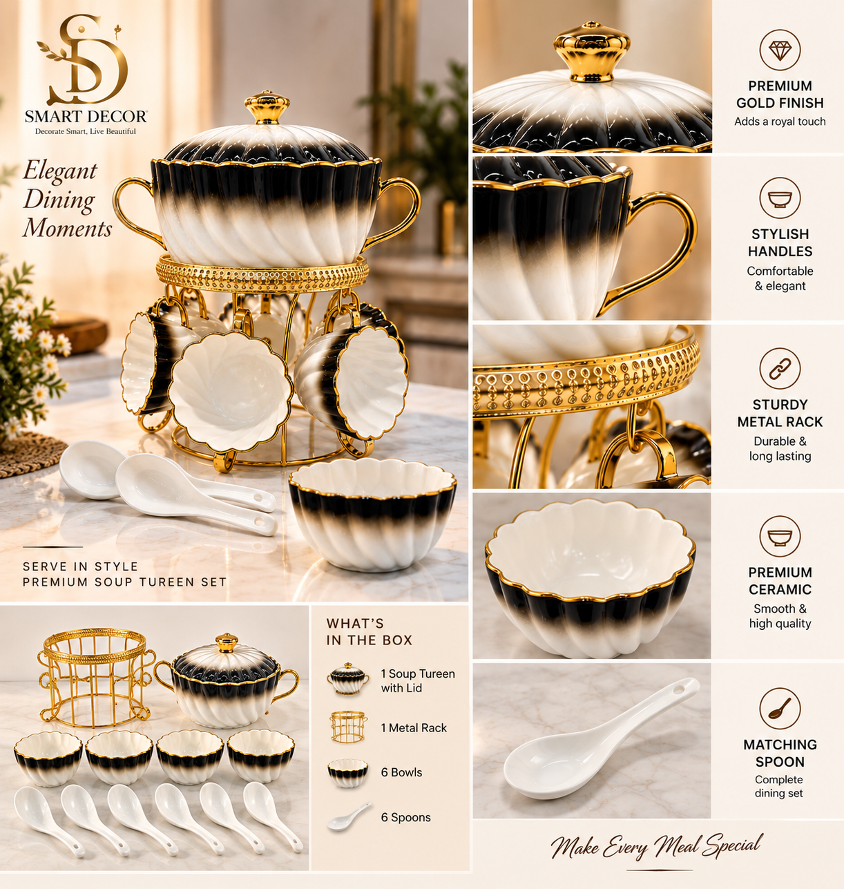 Lyte Club Premium Ceramic Serving Bowl Set with Gold Stand