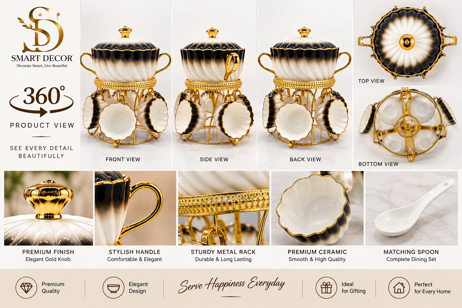 Lyte Club Premium Ceramic Serving Bowl Set with Gold Stand