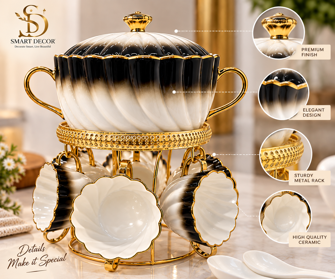 Lyte Club Premium Ceramic Serving Bowl Set with Gold Stand