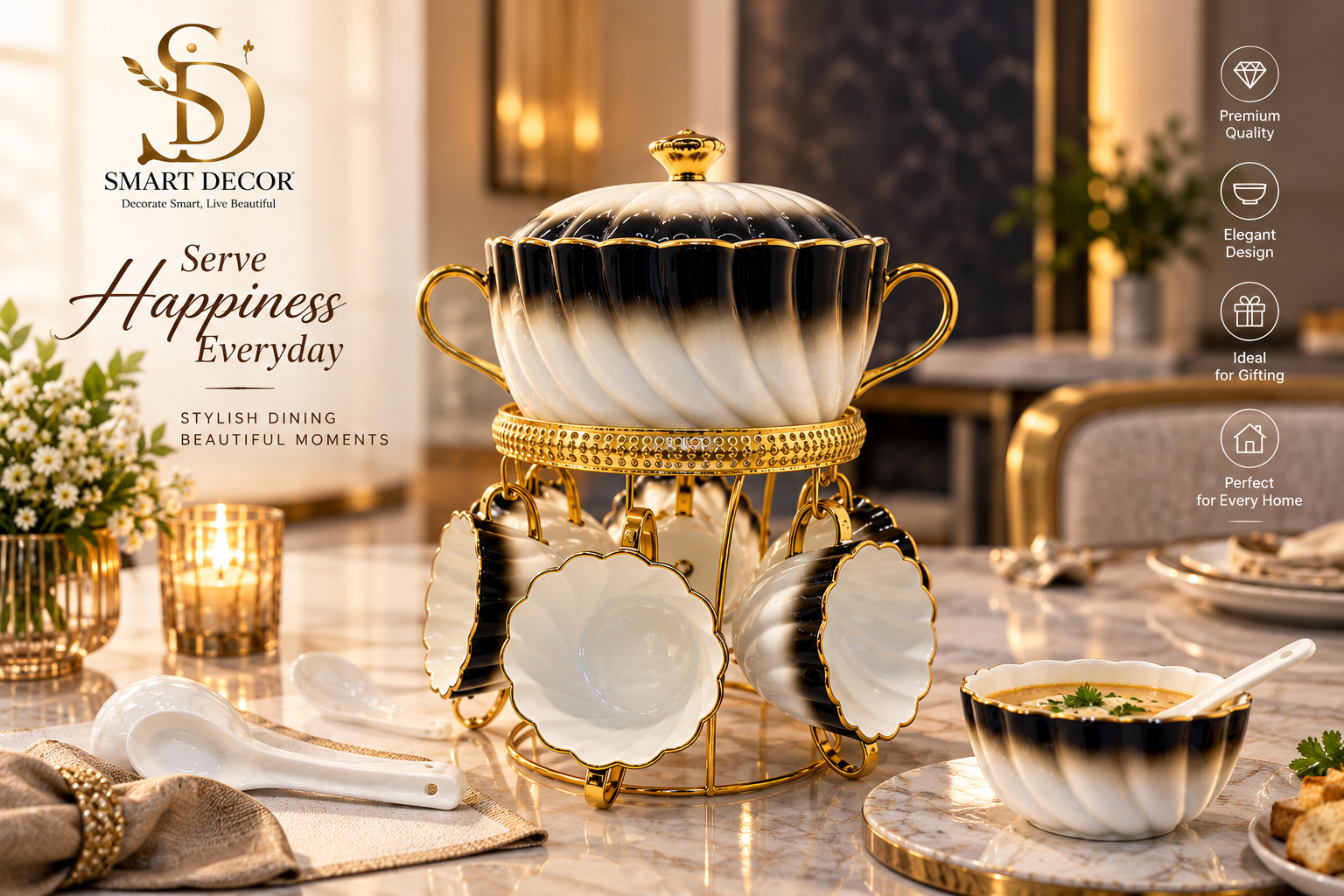 Lyte Club Premium Ceramic Serving Bowl Set with Gold Stand