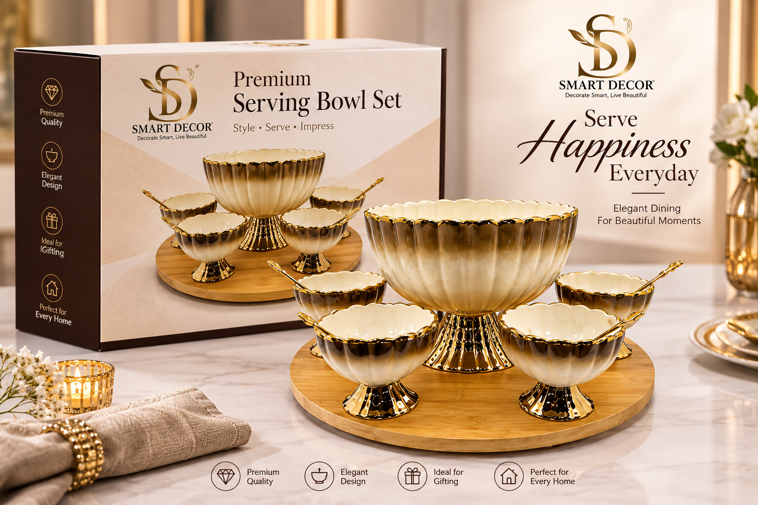 Lyte Club Elegant Gold Rim Serving Bowl Set