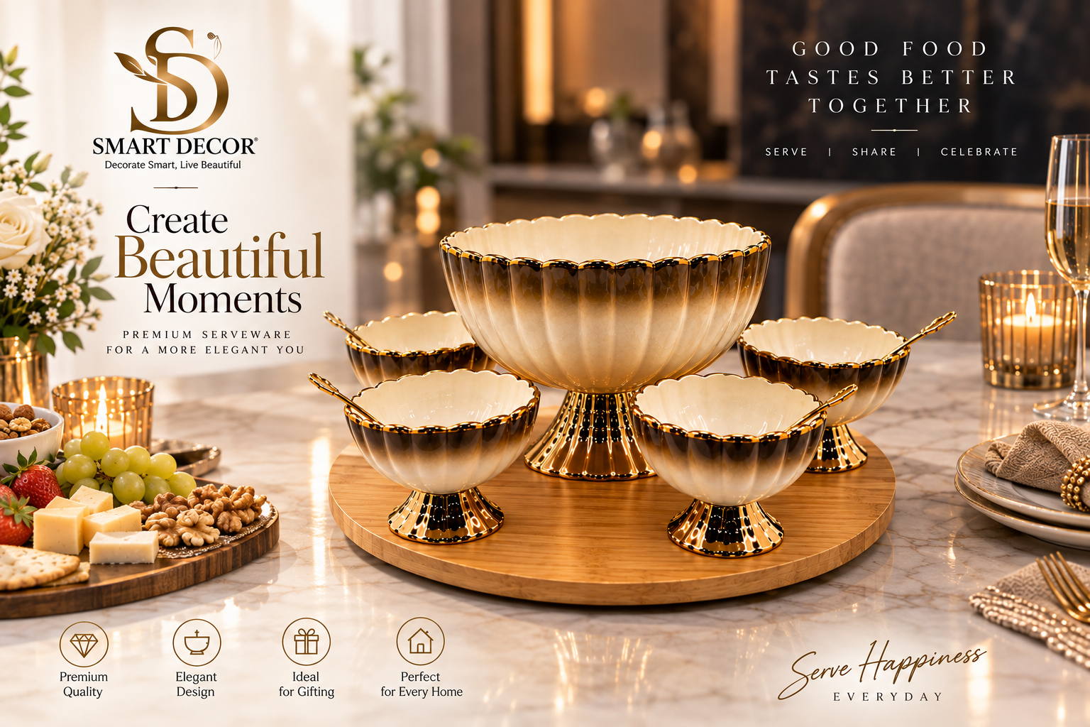Lyte Club Elegant Gold Rim Serving Bowl Set