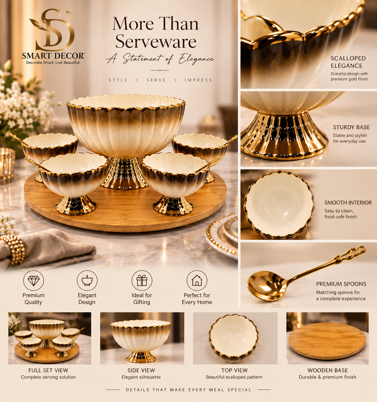 Lyte Club Elegant Gold Rim Serving Bowl Set