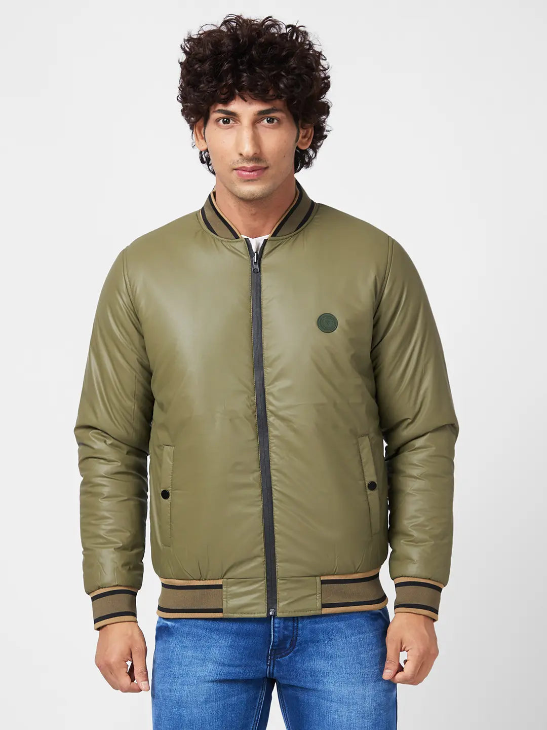 Men'S Leather Look Reversible Jacket With Chest Silicon Badge