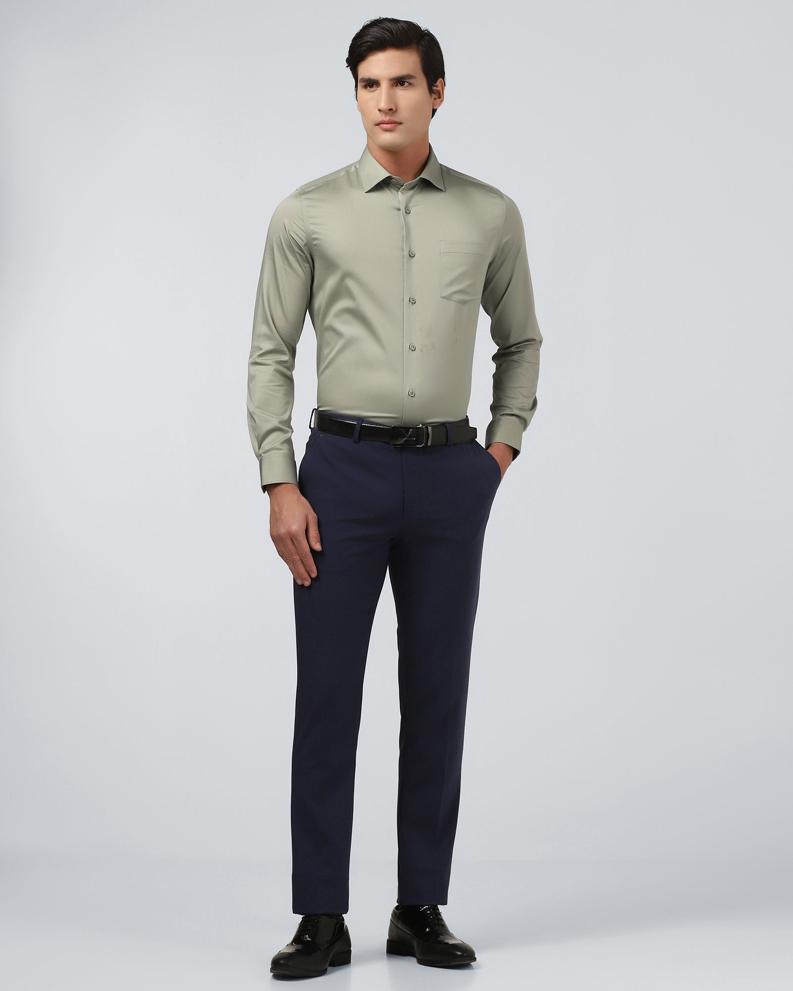 Sage green Blackberry Sylvia non-iron solid men's formal shirt displayed on a hanger.