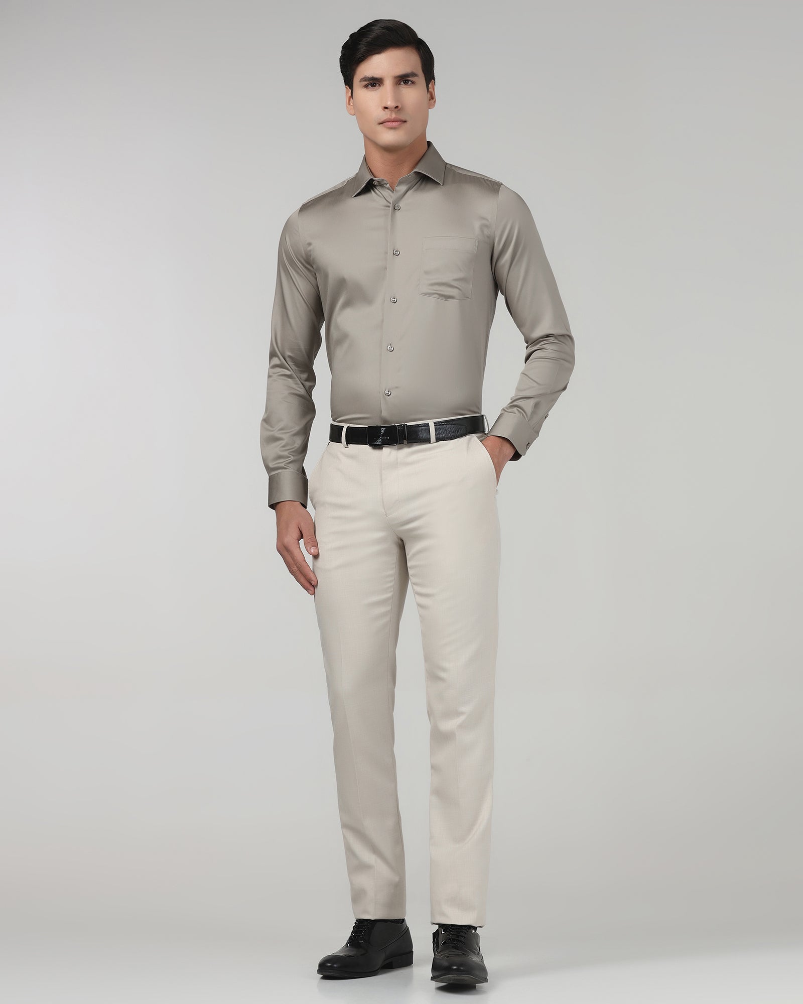 Blackberry men's stone non-iron solid formal shirt, Sylvia model, displayed on a hanger with a classic collar and button front.