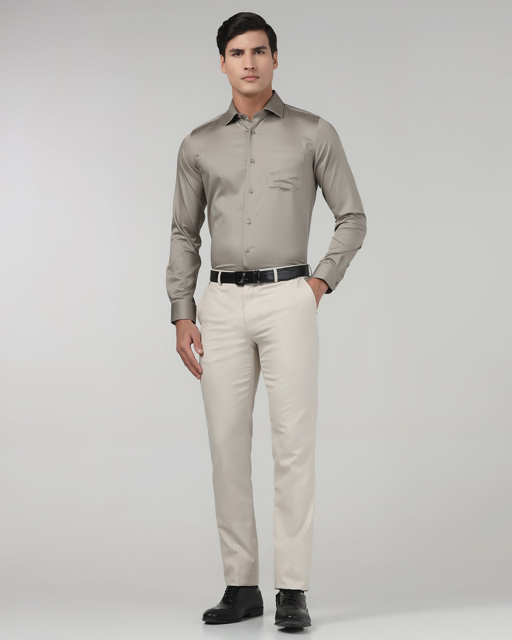 Blackberry men's stone non-iron solid formal shirt, Sylvia model, displayed on a hanger with a classic collar and button front.