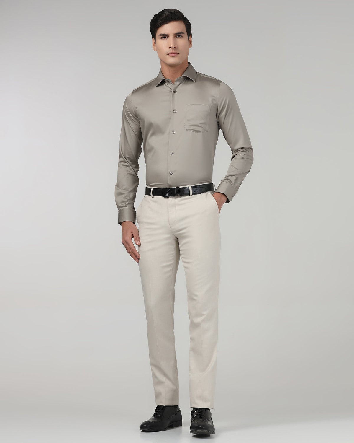 Blackberry men's stone non-iron solid formal shirt, Sylvia model, displayed on a hanger with a classic collar and button front.