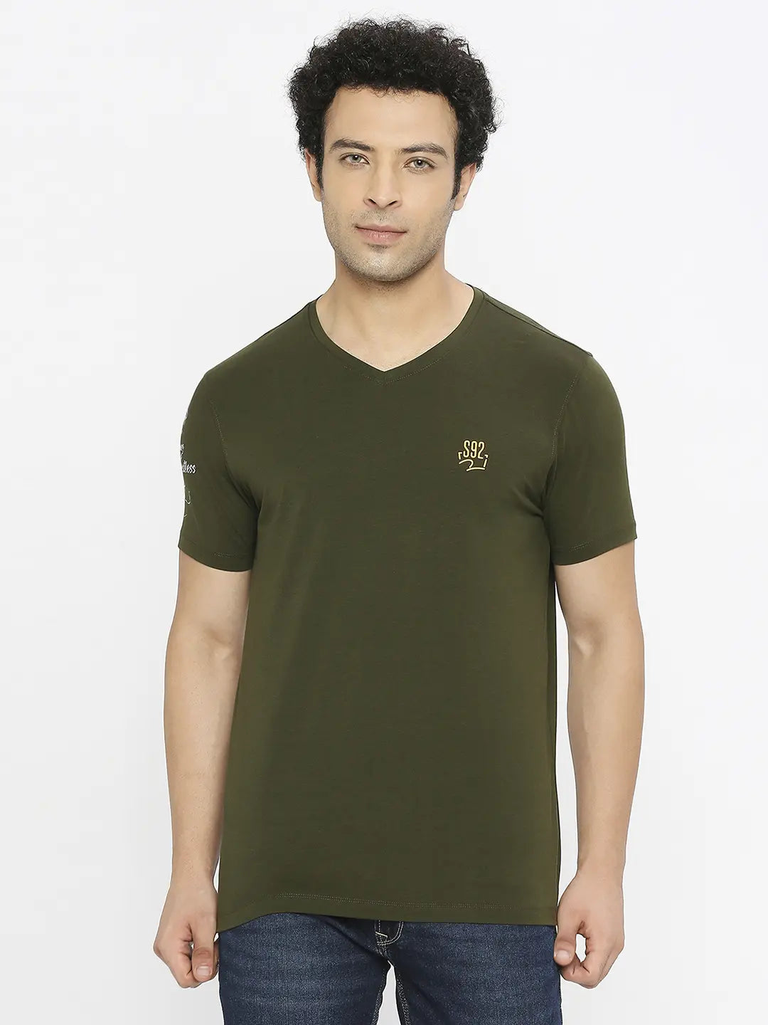 Men Rifle Green Cotton Regular Fit Half Sleeve Plain V-Neck Tshirt
