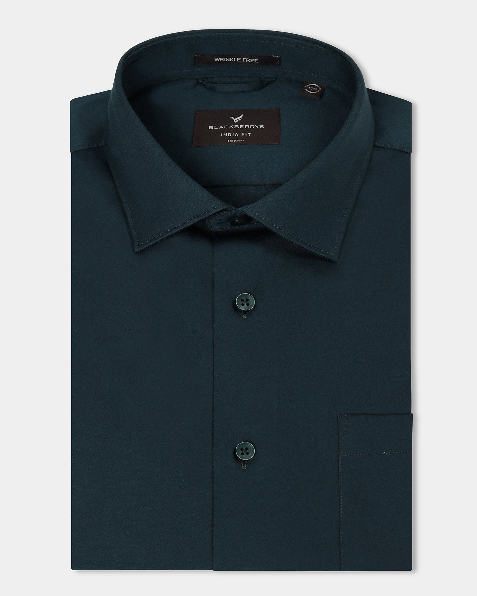 Blackberry men's teal non-iron solid formal shirt, Sylvia model, displayed on a hanger with a crisp collar and smooth fabric.