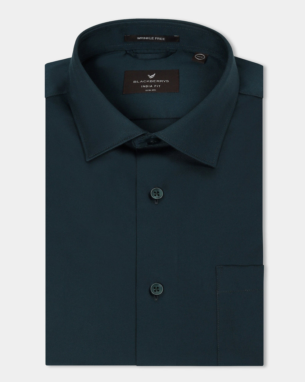 Blackberry men's teal non-iron solid formal shirt, Sylvia model, displayed on a hanger with a crisp collar and smooth fabric.