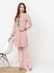 Dusty Pink Thread Work Woollen Kurti For Women With Brooch